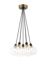 Jestero 45cm Round Cluster Pendant, 7 Light E14 With 15cm Round Glass Shade, Brass, Clear & Satin Black