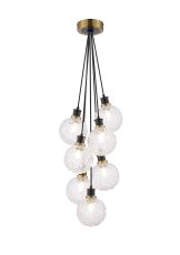 Jestero 45cm Round Cluster Pendant, 7 Light E14 With 15cm Round Textured Crumple Glass Shade, Brass, Clear & Satin Black