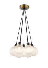 Jestero 45cm Round Cluster Pendant, 7 Light E14 With 15cm Round Textured Diamond Pattern Glass Shade, Brass, Clear & Satin Black