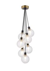 Jestero 45cm Round Cluster Pendant, 7 Light E14 With 15cm Round Dimpled Glass Shade, Brass, Clear & Satin Black