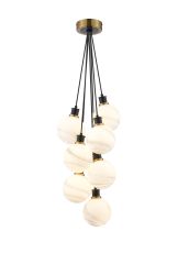 Jestero 45cm Round Cluster Pendant, 7 Light E14 With 15cm Round White & Grey Marble Effect Glass Shade, Brass & Satin Black Framework
