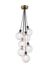 Jestero 45cm Round Cluster Pendant, 7 Light E14 With 15cm Round Textured Melting Glass Shade, Brass, Clear & Satin Black