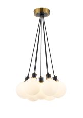 Jestero 45cm Round Cluster Pendant, 7 Light E14 With 15cm Round Glass Shade, Brass, Opal & Satin Black