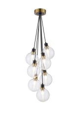 Jestero 45cm Round Cluster Pendant, 7 Light E14 With 15cm Round Ribbed Glass Shade, Brass, Clear & Satin Black