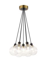 Jestero 45cm Round Cluster Pendant, 7 Light E14 With 15cm Round Segment Glass Shade, Brass, Clear & Satin Black