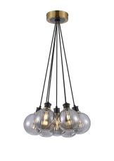 Jestero 45cm Round Cluster Pendant, 7 Light E14 With 15cm Round Segment Glass Shade, Brass, Smoke Plated & Satin Black