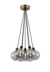 Jestero 45cm Round Cluster Pendant, 7 Light E14 With 15cm Round Glass Shade, Brass, Smoke Plated & Satin Black