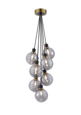 Jestero 45cm Round Cluster Pendant, 7 Light E14 With 15cm Round Double Textured Smooth/Ribbed Glass Shade, Brass, Smoke Plated & Satin Black