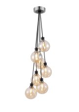 Jestero 45cm Round Cluster Pendant, 7 Light E14 With 15cm Round Glass Shade, Satin Nickel, Amber Plated & Satin Black