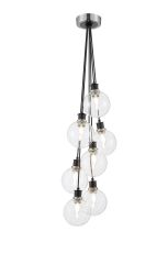 Jestero 45cm Round Cluster Pendant, 7 Light E14 With 15cm Round Glass Shade, Satin Nickel, Clear & Satin Black