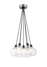 Jestero 45cm Round Cluster Pendant, 7 Light E14 With 15cm Round Crackled Glass Shade, Satin Nickel, Clear & Satin Black