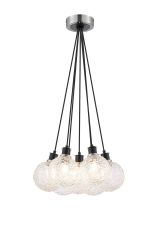 Jestero 45cm Round Cluster Pendant, 7 Light E14 With 15cm Round Textured Crumple Glass Shade, Satin Nickel, Clear & Satin Black