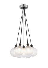 Jestero 45cm Round Cluster Pendant, 7 Light E14 With 15cm Round Dimpled Glass Shade, Satin Nickel, Clear & Satin Black