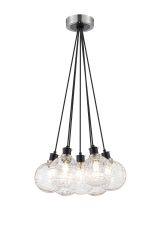 Jestero 45cm Round Cluster Pendant, 7 Light E14 With 15cm Round Textured Melting Glass Shade, Satin Nickel, Clear & Satin Black