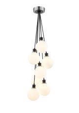 Jestero 45cm Round Cluster Pendant, 7 Light E14 With 15cm Round Glass Shade, Satin Nickel, Opal & Satin Black