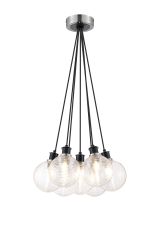 Jestero 45cm Round Cluster Pendant, 7 Light E14 With 15cm Round Ribbed Glass Shade, Satin Nickel, Clear & Satin Black
