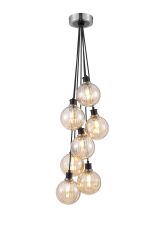 Jestero 45cm Round Cluster Pendant, 7 Light E14 With 15cm Round Segment Glass Shade, Satin Nickel, Amber Plated & Satin Black