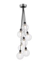 Jestero 45cm Round Cluster Pendant, 7 Light E14 With 15cm Round Segment Glass Shade, Satin Nickel, Clear & Satin Black