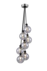 Jestero 45cm Round Cluster Pendant, 7 Light E14 With 15cm Round Segment Glass Shade, Satin Nickel, Smoke Plated & Satin Black