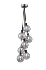 Jestero 45cm Round Cluster Pendant, 7 Light E14 With 15cm Round Glass Shade, Satin Nickel, Smoke Plated & Satin Black