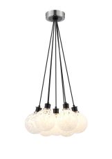 Jestero 45cm Round Cluster Pendant, 7 Light E14 With 15cm Round Speckled Glass Shade, Satin Nickel, White & Satin Black