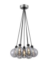 Jestero 45cm Round Cluster Pendant, 7 Light E14 With 15cm Round Double Textured Smooth/Ribbed Glass Shade, Satin Nickel, Smoke Plated & Black