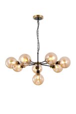 Jestero 84cm Pendant, 8 Light E14 With 15cm Round Glass Shade, Brass, Amber Plated & Satin Black