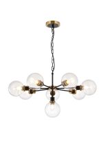 Jestero 84cm Pendant, 8 Light E14 With 15cm Round Glass Shade, Brass, Clear & Satin Black