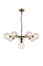 Jestero 84cm Pendant, 8 Light E14 With 15cm Round Crackled Glass Shade, Brass, Clear & Satin Black
