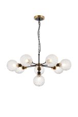 Jestero 84cm Pendant, 8 Light E14 With 15cm Round Textured Crumple Glass Shade, Brass, Clear & Satin Black