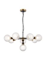Jestero 84cm Pendant, 8 Light E14 With 15cm Round Dimpled Glass Shade, Brass, Clear & Satin Black