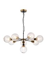 Jestero 84cm Pendant, 8 Light E14 With 15cm Round Textured Melting Glass Shade, Brass, Clear & Satin Black