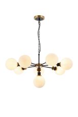 Jestero 84cm Pendant, 8 Light E14 With 15cm Round Glass Shade, Brass, Opal & Satin Black