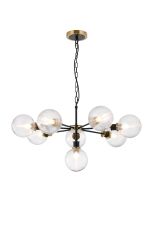 Jestero 84cm Pendant, 8 Light E14 With 15cm Round Ribbed Glass Shade, Brass, Clear & Satin Black