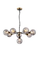 Jestero 84cm Pendant, 8 Light E14 With 15cm Round Segment Glass Shade, Brass, Smoke Plated & Satin Black