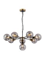 Jestero 84cm Pendant, 8 Light E14 With 15cm Round Glass Shade, Brass, Smoke Plated & Satin Black