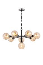 Jestero 84cm Pendant, 8 Light E14 With 15cm Round Glass Shade, Satin Nickel, Amber Plated & Satin Black