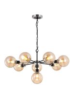 Jestero 84cm Pendant, 8 Light E14 With 15cm Round Glass Shade, Satin Nickel, Amber Plated & Satin Black