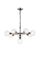 Jestero 84cm Pendant, 8 Light E14 With 15cm Round Glass Shade, Satin Nickel, Clear & Satin Black