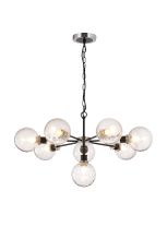 Jestero 84cm Pendant, 8 Light E14 With 15cm Round Crackled Glass Shade, Satin Nickel, Clear & Satin Black