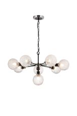 Jestero 84cm Pendant, 8 Light E14 With 15cm Round Textured Crumple Glass Shade, Satin Nickel, Clear & Satin Black