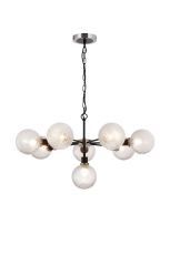 Jestero 84cm Pendant, 8 Light E14 With 15cm Round Dimpled Glass Shade, Satin Nickel, Clear & Satin Black