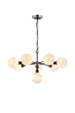 Jestero 84cm Pendant, 8 Light E14 With 15cm Round White & Grey Marble Effect Glass Shade, Satin Nickel & Satin Black Framework