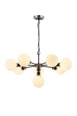 Jestero 84cm Pendant, 8 Light E14 With 15cm Round Glass Shade, Satin Nickel, Opal & Satin Black