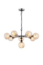 Jestero 84cm Pendant, 8 Light E14 With 15cm Round Segment Glass Shade, Satin Nickel, Amber Plated & Satin Black