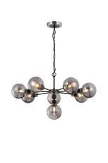 Jestero 84cm Pendant, 8 Light E14 With 15cm Round Glass Shade, Satin Nickel, Smoke Plated & Satin Black