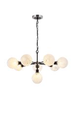 Jestero 84cm Pendant, 8 Light E14 With 15cm Round Speckled Glass Shade, Satin Nickel, White & Satin Black