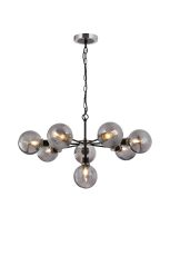 Jestero 84cm Pendant, 8 Light E14 With 15cm Round Double Textured Smooth / Ribbed Glass Shade, Satin Nickel, Smoke Plated & Satin Black