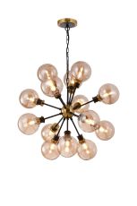 Jestero 78cm Pendant, 14 Light E14 With 15cm Round Glass Shade, Brass, Amber Plated & Satin Black