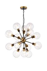 Jestero 78cm Pendant, 14 Light E14 With 15cm Round Glass Shade, Brass, Clear & Satin Black